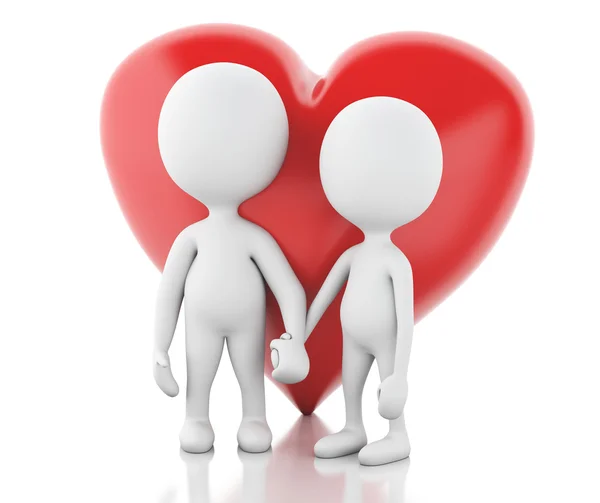 3D vita människor och rött hjärta. Par i kärlek. — Stockfoto
