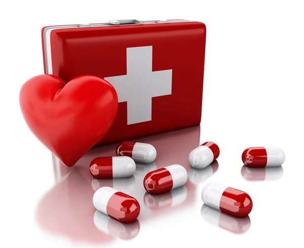 3D kırmızı kalp, ilaç ve ilk yardım kiti. — Stok fotoğraf