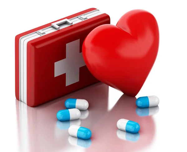 3d red heart, pills and First Aid Kit. — Stock Photo, Image