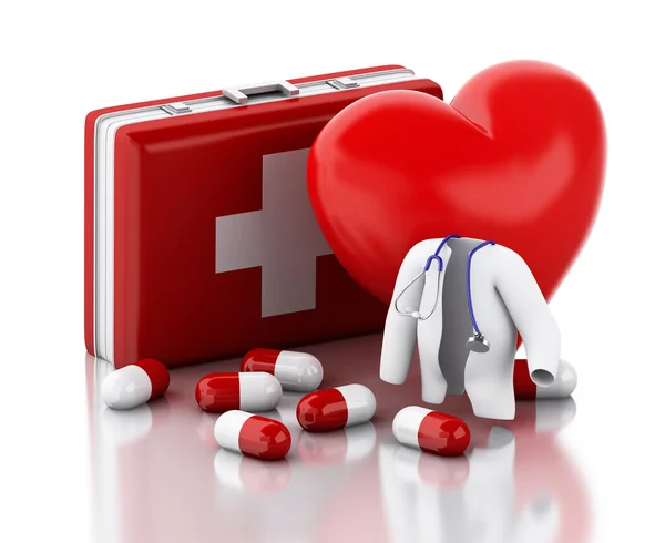 3d red heart, pills and First Aid Kit. — Stock Photo, Image