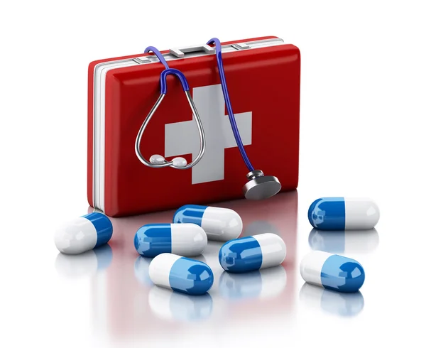 3d Stethoscope, pills and First Aid Kit. — Stock Photo, Image