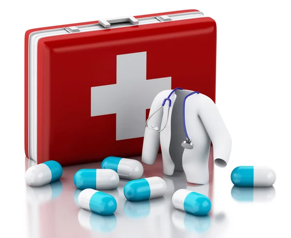 3d Stethoscope, pills and First Aid Kit. — Stock Photo, Image