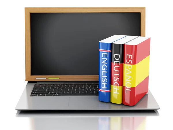 3D-Laptop mit Tafel und Wörterbüchern. — Stockfoto