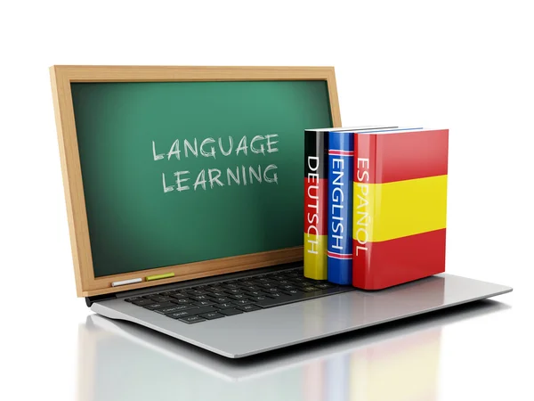 3d Laptop with chalkboard and Dictionaries. — Stock Photo, Image