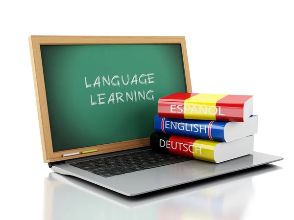 3d Laptop with chalkboard and Dictionaries. — Stock Photo, Image