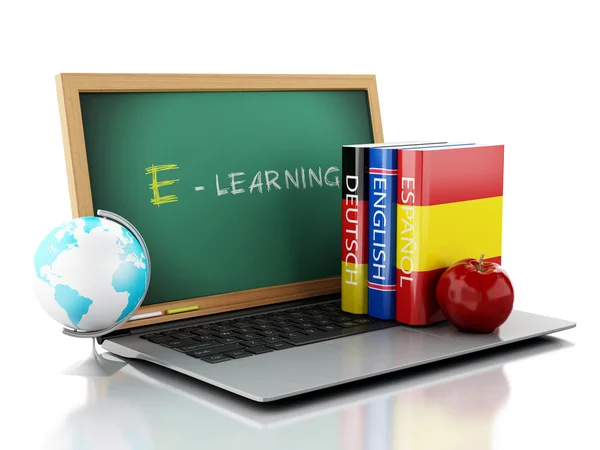 3D-laptop met schoolbord en woordenboeken. — Stockfoto