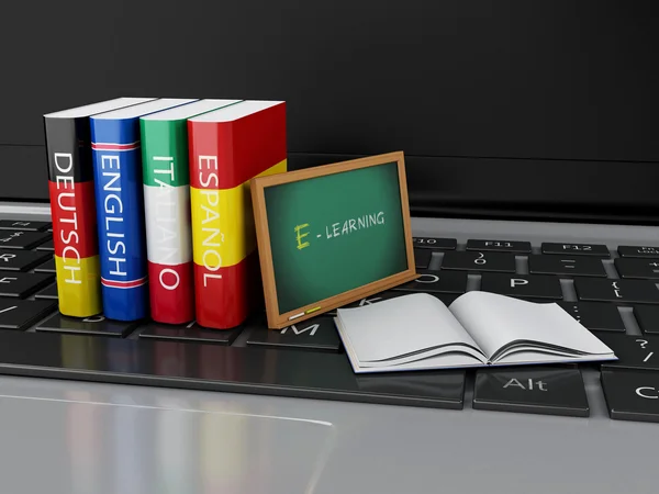 3d Dictionaries and blackboard on computer keyboard. E-learning — Stock Photo, Image