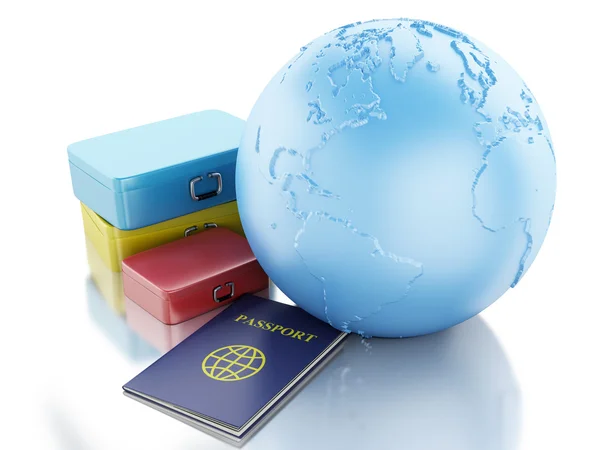 Passeport 3D, valises de voyage et Globe Terre . — Photo