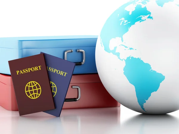 3d passport,  travel suitcases and Earth Globe. — Stock Photo, Image
