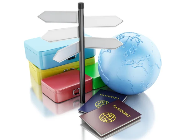 3d 的护照、 旅行箱和地球地球. — 图库照片