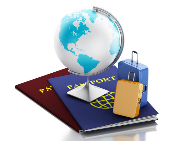3d паспорт, земной шар и чемоданы для путешествий
.
