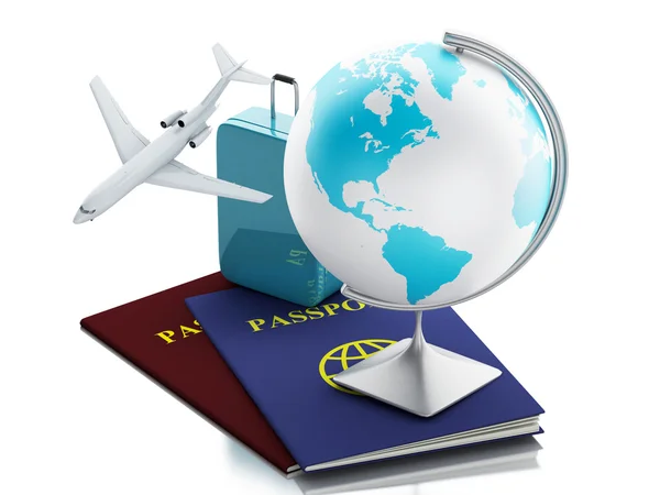 Avión 3d, pasaporte, globo terráqueo y maletas de viaje . — Foto de Stock