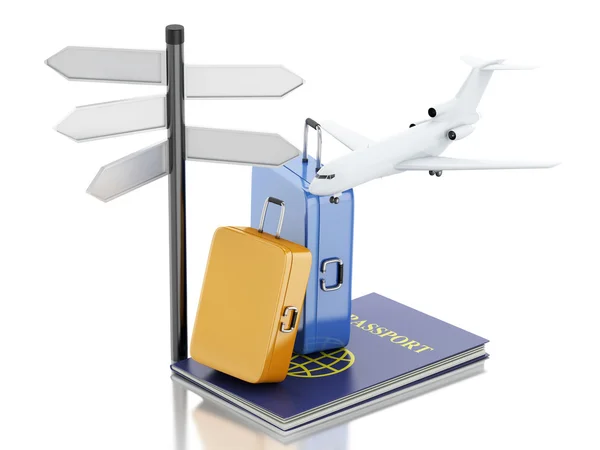 3d airplane, passport and travel suitcases. — Stock Photo, Image