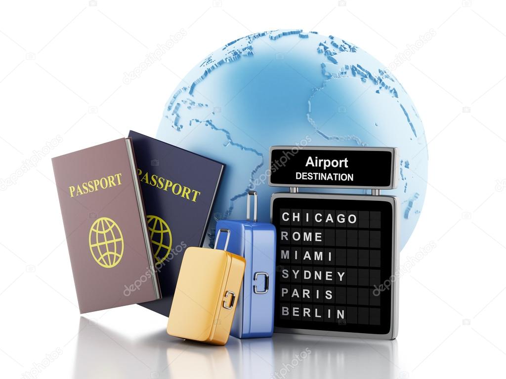 3d Airport board, passport and travel suitcases