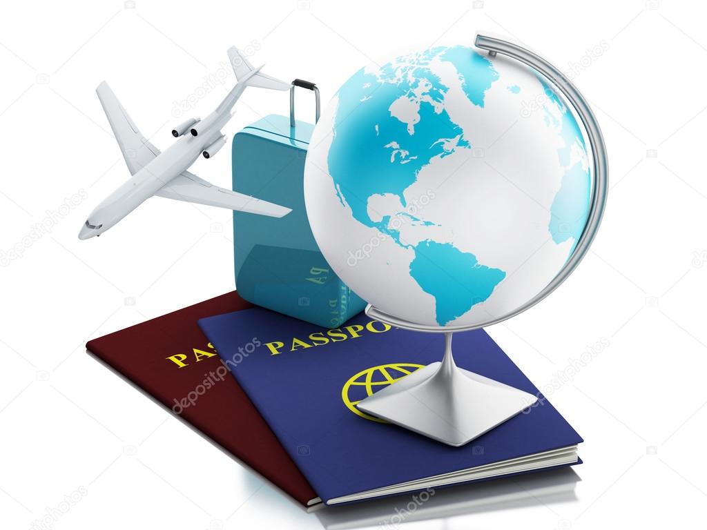 3d airplane, passport, earth globe and travel suitcases.