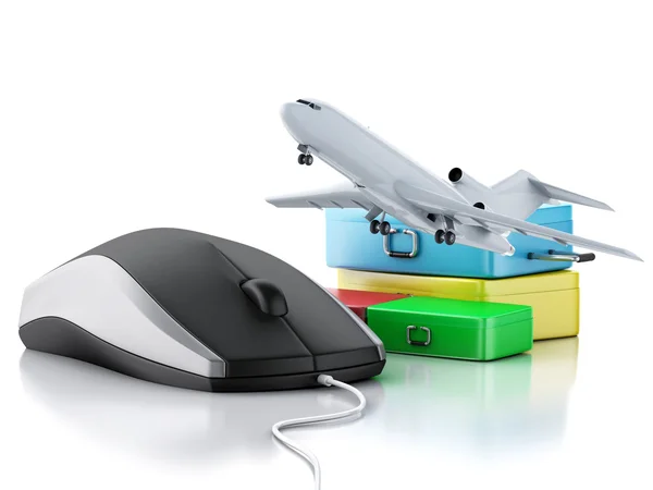 3d Aereo, valigia e mouse del computer. Concetto di viaggio . — Foto Stock