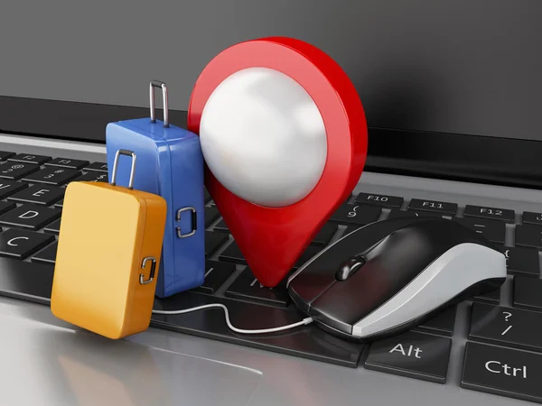 3d Travel suitcase and computer mouse on computer keyboard. — Stock Photo, Image