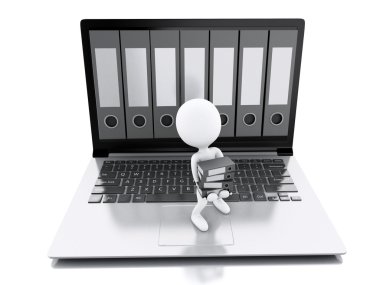 3D dizüstü bilgisayar ve dosyalar. izole beyaz arka plan