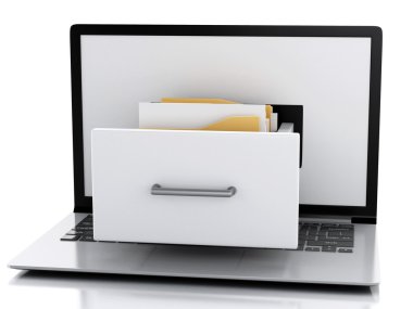 Veri deposu. Laptop ve dosyalar 3d