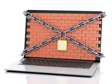 3D laptop kilit ve tuğla duvar ile. Güvenlik Duvarı kavramı. 