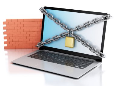 3D laptop kilit ve tuğla duvar ile. Güvenlik Duvarı kavramı. 