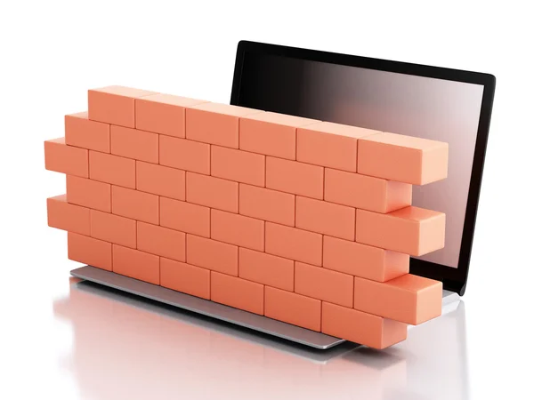 Portátil 3d com parede de tijolo. Conceito de firewall . — Fotografia de Stock