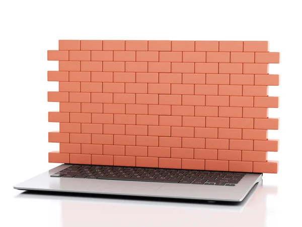 Portátil 3d com parede de tijolo. Conceito de firewall . — Fotografia de Stock