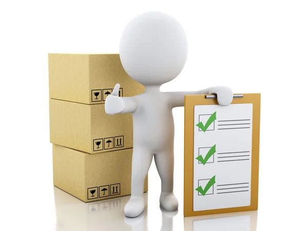 3d White people with clipboard checklist and cardboard boxes. — Stock Photo, Image