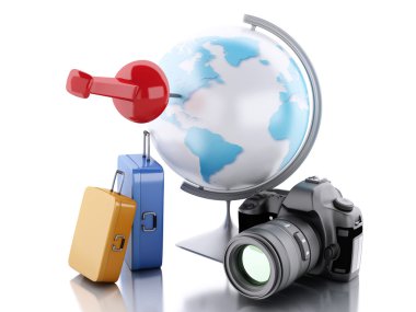 3D seyahat bavul ve dünya Küre.