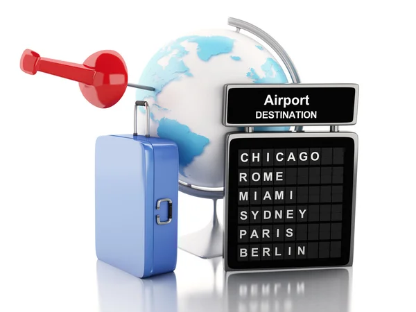 3d Airport board, travel suitcases and world globe. — Zdjęcie stockowe