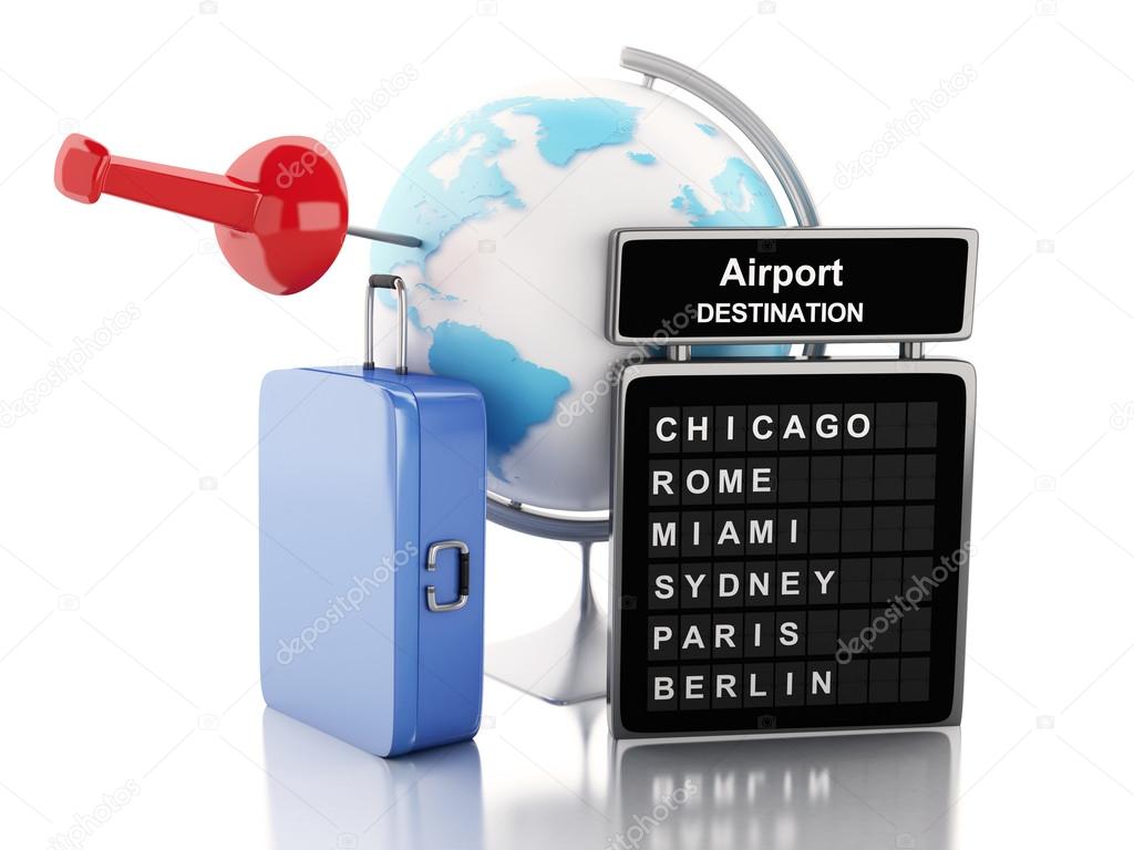3d Airport board, travel suitcases and world globe.