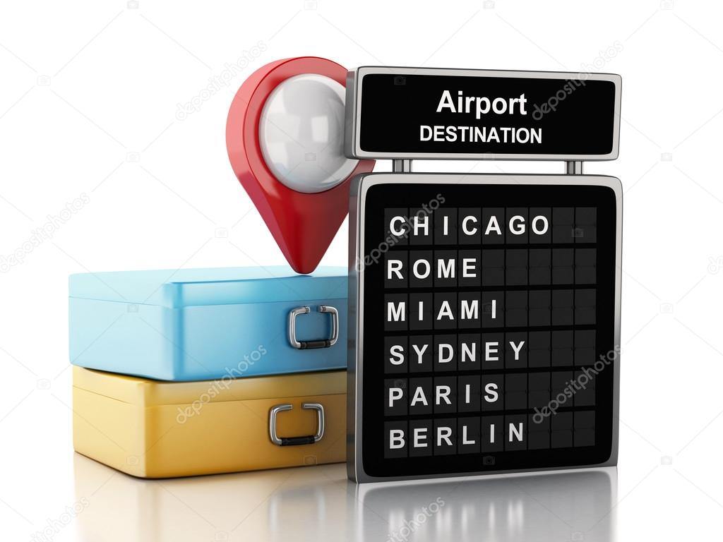 3d Airport board, travel suitcases and airport pointer.