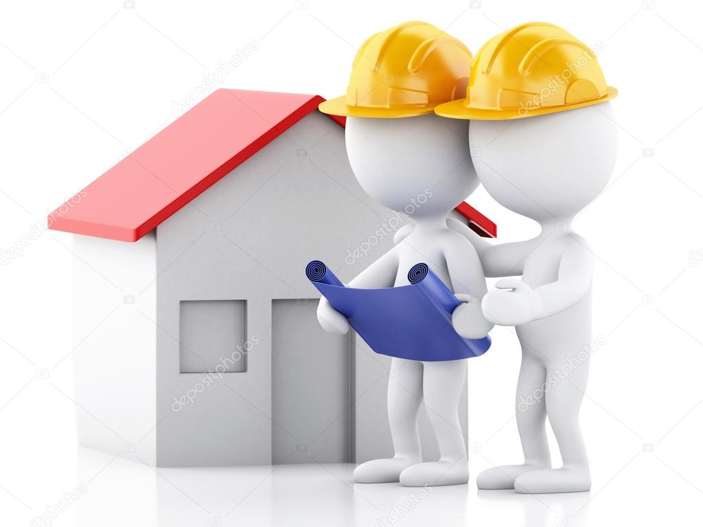3d Two architect people with helmet, plans and house. Constructi