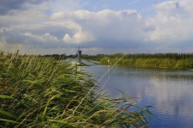 Hollanda 'daki Kinderdijk' te yel değirmenleriyle ünlü Hollanda manzarası. Unesco Dünya Mirası.