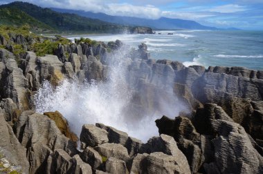 Yeni Zelanda Paparoa Ulusal Parkı 'nın batı kıyısında Punakaiki Krep Kayası ve hava delikleri