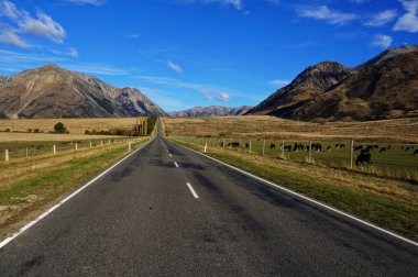 Yeni Zelanda 'nın güney adasında uzun düz bir yol