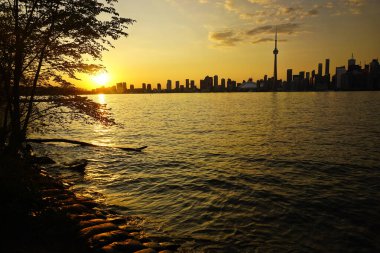 Toronto şehir merkezinde gün batımında ikonik kulesi olan