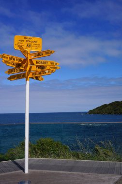 Global Signpost in Stirling Point showing direction and distance to cities around the World, Bluff, New Zealand clipart