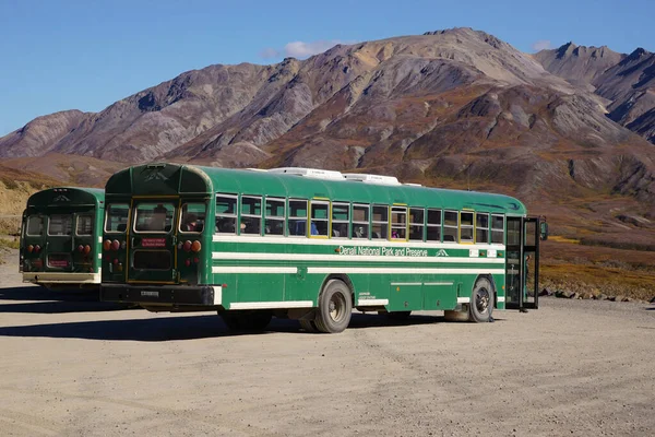 Tour bus in Parking lot in Denali National Park, Alaska