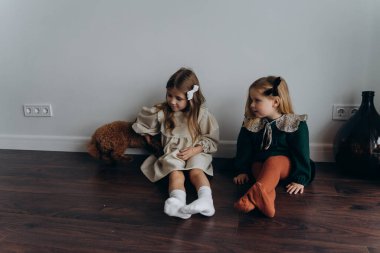 Güzel bohem elbiseler giymiş şirin küçük kızlar köpekleriyle birlikte ahşap zeminde, duvarın yanında oturuyorlar. 