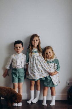 Güzel bohem elbiseler giymiş şirin küçük kızlar. Küçük kardeşleriyle birlikte duvarın yanındaki tahta zeminde köpek gibi poz veriyorlar. 