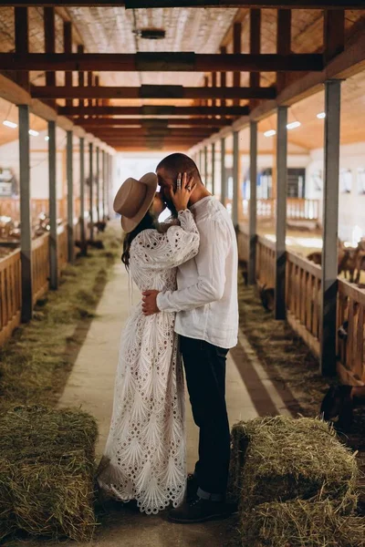 스타일의 농장에서 키스를 잘생긴 남자와 아름다운 — 스톡 사진