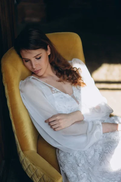 Girl Beautiful White Bohemian Tulle Dress Sitting Chair Balcony Closeup — Stock Photo, Image