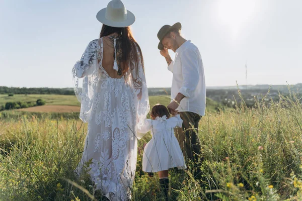 Happy Young Family Spending Time Together Nature Beautiful Woman White — 스톡 사진