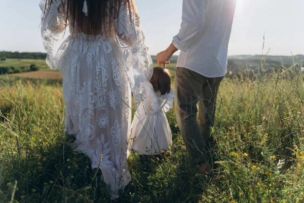 Joyeux Jeune Famille Passant Temps Ensemble Dans Nature Belle Femme — Photo