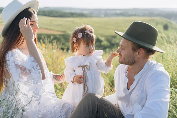 Happy Young Family Spending Time Together Nature Beautiful Woman White — 스톡 사진