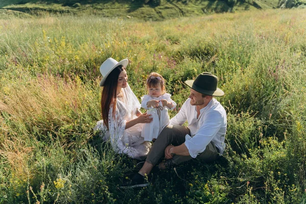 Happy Young Family Spending Time Together Nature Beautiful Woman White — Stok fotoğraf