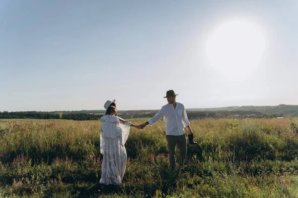 Happy Young Family Spending Time Together Nature Beautiful Woman White — 图库照片