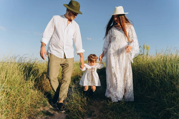Happy Young Family Spending Time Together Nature Beautiful Woman White — 스톡 사진