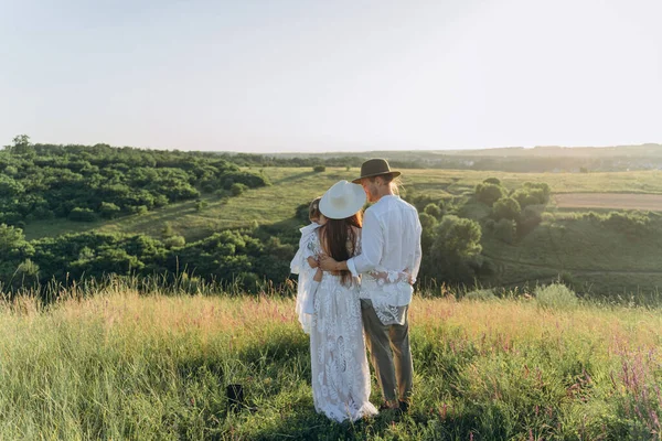 Happy Young Family Spending Time Together Nature Beautiful Woman White — 스톡 사진